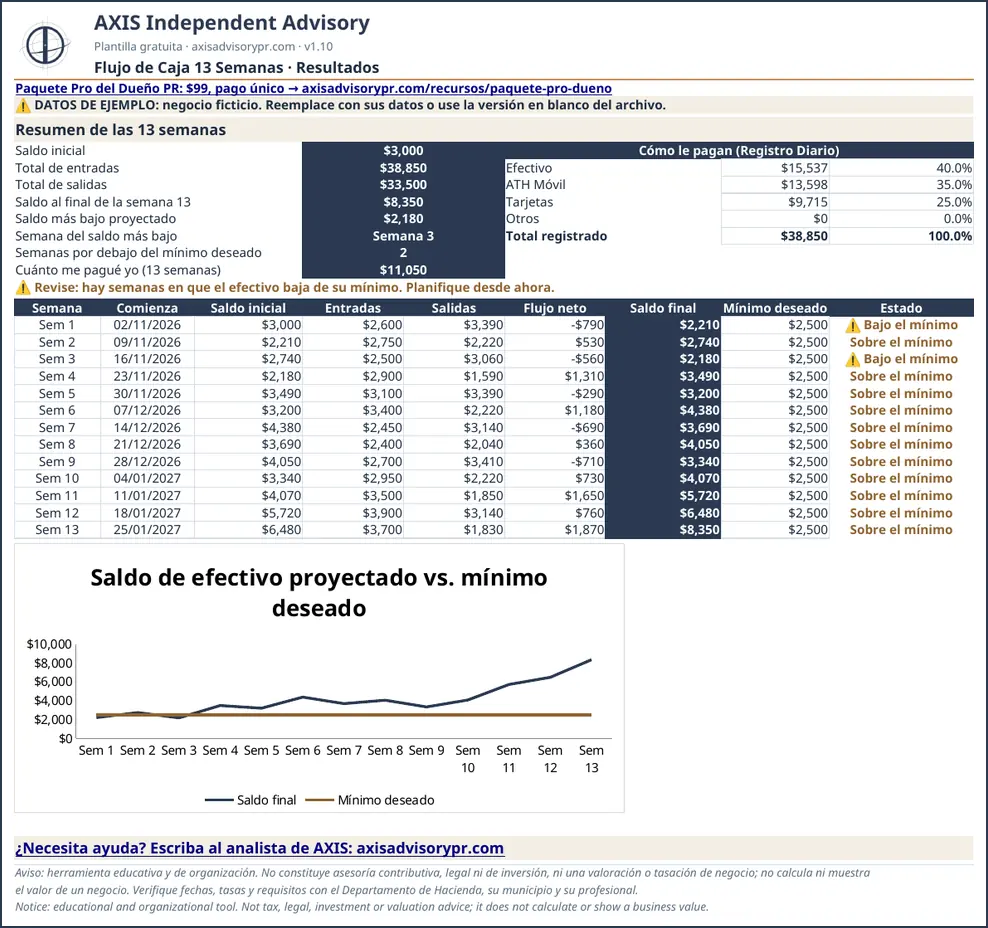 Example sheet of the 13-Week Cash Flow Forecast (Flujo de Caja 13 Semanas), with fictitious data.