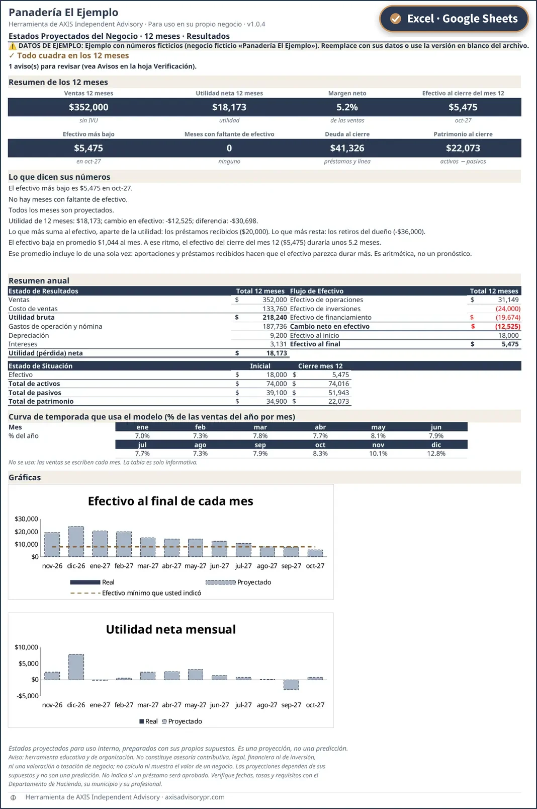 Example sheet of the 12-Month Financial Projections, with fictitious data.